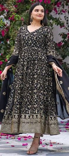 Black and Grey color Gown in Georgette fabric with Embroidered, Sequence, Thread work Black Embroidered Evening Sets, Black Resham Embroidered Evening Gown, Black Resham Embroidery Evening Gown, Black Embroidered Gown For Reception, Black Evening Gown With Resham Embroidery, Black Long Sleeve Gown For Festive Occasions, Elegant Black Floor-length Dress Set, Elegant Black Floor-length Set, Elegant Black Dress For Reception