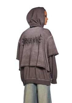 In a washed cotton jersey with an oversized fit. Drawstring ties, long sleeves, kangaroo pockets, raw edges, Darker Wavs logo on the back, and front zip closure with “D” logo charm. Acid Wash Cotton Tops For Winter, Oversized Cotton Hoodie In Edgy Style, Casual Cotton Hoodie For Layering, Acid Wash Tops For Winter Streetwear, Grunge Cotton Hoodie With Long Sleeves, Urban Acid Wash Tops For Fall, Distressed Acid Wash Hoodie For Fall, Acid Wash Distressed Hoodie For Fall, Hooded Washed Top For Streetwear