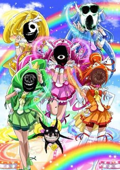 some anime characters standing in front of a rainbow