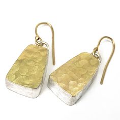 Gold & Silver Earrings - These forged, hammered earrings are fabricated in sterling silver,18K yellow gold, and sterling silver bimetal. 18k gold ear wires. Hammered Mixed Metal Gold Jewelry, Hammered Gold Mixed Metal Jewelry, Gold Hammered Sterling Silver Earrings, Anniversary Hammered Yellow Gold Earrings, Hammered Earrings, Link Earrings, Artful Home, Ear Wires, Precious Metals