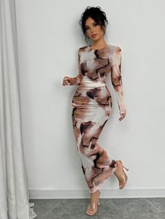 Elegant Gradient Long Sleeve Slimming Women Dress Maxi Women Outfit Multicolor Casual  Long Sleeve Mesh Fabric Tie Dye Bodycon Medium Stretch  Women Clothing, size features are:Bust: ,Length: ,Sleeve Length: Long Sleeve Fitted Dress, Mesh Bodycon Dress, Women Maxi, Women Long Dresses, Women Outfit, Long Sleeve Bodycon Dress, Long Maxi, Mesh Dress, Elegant Dress