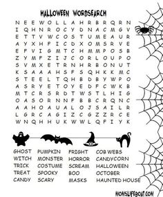 a halloween word search is shown with bats and spider webs on the bottom right hand corner