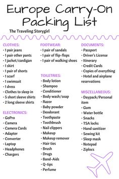 europe carry - on packing list for the traveling storybirder with text overlay that reads europe carry - on packing list