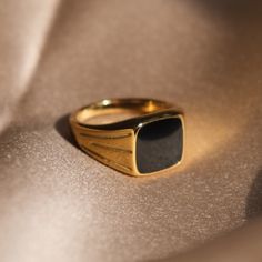 Gold Male Rings, Signant Ring Mens, Gold Rings With Black Enamel For Gifts, Luxury Black Ring As A Gift, Black Rings Gift, Luxury Black Ring For Gift, Luxury Black Enamel Rings As Gift, Minimalist Black Enamel Jewelry For Anniversary, Minimalist Black Enamel Open Ring