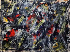 an abstract painting with black, red and yellow colors