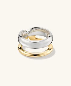 With our Duet collection, stacking is made easy, real easy. This style is a lesson in duality featuring mixed metals in two widths. Handcrafted in 18k gold vermeil and sterling silver. Mejuri Rings, Infinite Money, Diamond Wrap Ring, Mixed Metal Rings, Gold Ear Cuff, Mixed Metal Jewelry, Jewelry Lookbook, Domed Ring, Mellow Yellow