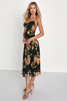 It's impossible not to be impressed by the romantic vibes of the Lulus Petal Prowess Black Floral Print Lace-Up Cowl Midi Dress! Lightweight woven chiffon jacquard, with a lush floral print and a burnout design throughout, shapes this flirtatious dress that has a sultry lace-up back and slender spaghetti straps. Cowl neckline tops a flattering bodice that continues into a column skirt with a midi hem. Hidden zipper/clasp at back. Fit: This garment fits true to size. Length: Mid-calf length. Size Chic Floral Print Slip Dress With Square Neck, Chic Slip Dress With Floral Print And Square Neck, Casual Floral Print Slip Dress For Date Night, Floral Print Sundress Slip Dress In Midi Length, Floral Print Midi Slip Dress For Brunch, Floral Print Midi Slip Dress For Date Night, Fitted Floral Print Slip Dress For Date Night, Floral Print Midi Slip Dress For Garden Party, Spring Floral Print Slip Dress For Date Night