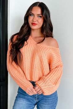 The World Is Yours Chunky V-Neck Sweater (Apricot Orange) - NanaMacs Apricot Sweater, Apricot Orange, Graphic Dress, Casual Night Out, Work Tops, Denim Coat Jacket, Basic Dress, Short Mini Dress, Chunky Sweater