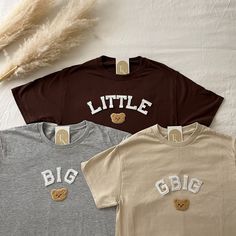 These cute Bear Sorority Big Little Shirts are great for Big Little Reveal / Bid day! They are perfect to give to your big/lil as a gift and match outfits with! <3  - These letters are iron-on patched and is heat pressed, not embroidered. - All our shirts run a Unisex fit. They are naturally oversized, so we highly recommend choosing your actual size! Size down if you'd like it more fitted.  - Material is super soft and comfy! ♡ - Please note that shirt brand used may vary depending on what our Trendy Big Little Reveal Themes, Big Little Shirts Sorority, Sorority Big Little Reveal, Big/little Baskets, Big Little Basket, Sorority Tees, Teddy Bear Theme, Big Little Shirts, Big Lil