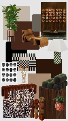 a collage of furniture and decor items in brown, black, white and green