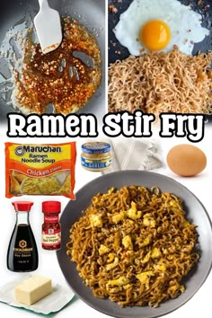 the ingredients for ramen stir fry are shown in this collage, including eggs and noodles