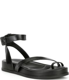 From Gianni Bini&#x2C; the Grayson Leather Footbed Platform Toe Loop Strappy Sandals feature:Leather upperAnkle strap with buckle closureSynthetic liningPadded 6mm memory foam pillow sockRubber outsoleApprox. 0.98" platform heightApprox. 1.37" heel heightImported. Black Strappy Sandals Outfit, Strappy Sandals Outfit, Toe Loop Sandals, Black Strappy Sandals, Foam Pillow, Sandals Outfit, Black Leather Flats, Sandal Platform, Memory Foam Pillow