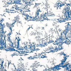 a blue and white toiler print wallpaper with people on horseback riding through the woods