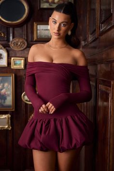 Modal Off-Shoulder Bubble Hem Mini Dress in Wine Red Red Dress Date Night, Red Dinner Dress, Bubble Hem Dress, Valentines Day Dress, Cute Maternity Dresses, Dinner Plans, Concert Dresses, Red Dress Long, Valentines Day Dresses