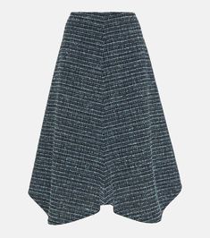 Asymmetric tweed midi skirt in blue - Bottega Veneta | Mytheresa Tweed Pleated Skirt For Work, Elegant Tweed Pleated Skirt, Chic Knee-length Tweed Skirt, Elegant Knee-length Tweed Skirt, Blue Asymmetrical Skirt For Work, Tweed Midi Skirt, Midi Skirts Style, New Bottega, Latest Skirts