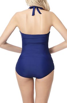 A throwback halter neckline details a beach-ready one-piece swimsuit with side ruching to flatter your growing baby bump. This stretchy style also works after baby arrives so you can keep the retro vibes going strong. Style Name:Kimi And Kai Dana Maternity Halter One-Piece Swimsuit. Style Number: 5252234. Available in stores. Nylon Halter Neck Tankini With Built-in Bra, Halter Neck Nylon Tankini With Built-in Bra, Sleeveless Nylon Swim Dress For Beach Party, Strapless Ruched Swimwear For Sunbathing, Blue Ruched Nylon Swimwear, Strapless Beachwear Bodysuit For Beach, Sleeveless Lined Body Tankini For Pool, Stretch Backless Tankini For Beach Party, Backless Stretch Tankini For Beach Party