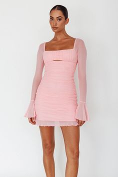 Shop the In Bloom Flared Cuff Mini Dress Pink | Selfie Leslie Pink Birthday Dress, Blush Outfit, Mini Dress Pink, Girl Code, Pink Mini Dress, Color Crush, Mesh Overlay, Clothing Tags, Iron Material