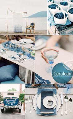 a collage of photos with blue and white dishes, plates, utensils