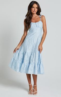 Jovena Midi Dress - Gathered Bodice Tiered Dress in Blue | Showpo USA Sleeveless Midi Bridesmaid Dress With Ruffle Hem, Bridesmaid Sleeveless Midi Dress With Ruffle Hem, Bridesmaid Midi Dress With Ruffle Hem And Sleeveless Design, Spring Bridesmaid Midi Dress With Ruffle Hem, Light Blue Party Dress With Ruffled Straps, Ruched Tiered Dresses For Garden Party, Tiered Ruched Dresses For Garden Party, Light Blue Ruched Bodice Summer Dress, Light Blue Summer Dress With Ruched Bodice