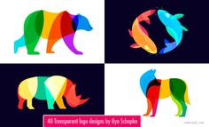 four different colored animals that are in the shape of an elephant, bear and fish