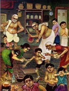 an old painting of people cooking and drinking