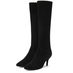 The Saint Jemima black stretch suede knee high boot is a luxury that cleverly combines a stylish youthful outlook. These knee high boots have a black stretch suede upper and a pointed toe to add a touch of style to your everyday look. Made from the finest materials and finished with trending design details. Features a covered stiletto heel, stitching details with paneled finish. complete with leather lining, padded leather footbed with stamped logo and tunit sole. The height of the Boot is- 45.7 Elegant Mid-calf Heeled Boots For Winter, Elegant Knee-high Boots For Winter, Elegant Winter Mid-calf Boots, Sleek Suede Boots, Sleek Fitted Suede Boots, Elegant Knee-length Winter Heeled Boots, Wide Calf Suede Mid-calf Boots With Pointed Toe, Elegant Tall Suede Heeled Boots, Fitted Knee-high Boots For Work