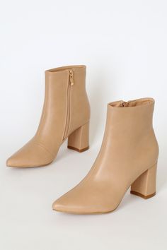 Chic Nude Boots - Pointed-Toe Boots - Vegan Leather Ankle Boots - Lulus Classic Black Boots, Beige Ankle Boots, Trendy Block Heels, Nude Boots, Womens Black Booties, Chic Boots, Mid Heels Pumps, Pointed Toe Boots, Heeled Ankle Boots