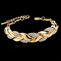 Cubic Zirconia Gold Gold Leaf Bracelet | Uniqistic.com Leaf Bracelet, Copper Bracelet, Womens Clothing Sizes, Jewelry Party, Gifts For Father, Luxury Jewelry, Womens Jewelry Bracelets, Bracelet Set, Chain Bracelet