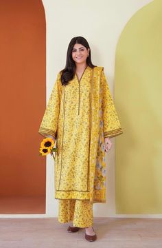 "LAWN SHIRT LENGTH: \"45\" PANT FABRIC: lawn DUPATTA FABRIC:\"organza" Lawn Shirts, Shalwar Kameez, Dress Clothes For Women, Pakistan, Lawn, Dress Outfits, Womens Dresses, The Originals, Yellow