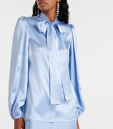 Bow-detail silk satin blouse in blue - Dolce Gabbana | Mytheresa Jacquard Midi Skirt, Black Chiffon Blouse, Silk Chiffon Blouse, Rainbow Laces, Dolce And Gabbana Blue, Jacquard Jacket, Silk Blouses, Blouse Material, Satin Blouse