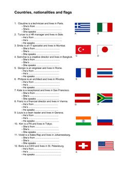 countries, nationalitiess and flags worksheet for the world language classroom or study