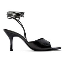 Zara Black Heel Sandal With Front Strap And Crackle Finish. Square Toe And Tie Closure Around Ankle. (Tag Says 9 Fits Size 10) Silver Rhinestone Heels, Knee High Sandals, Studded Gladiator Sandals, Rope Sandals, Pearl Sandals, Strappy Leather Sandals, Buckle Loafers, Zara Heels, Ankle Sandals