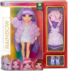 the doll is in its box and has purple hair