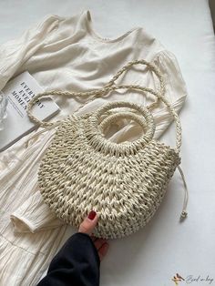 Bird in Bag - Exquisite Korean-Inspired Hand-Woven Straw Bag with Elegant Pendant - Perfect for Chic Women to Shop and Carry with Convenient Drawstring Closure White Woven Handheld Straw Bag, White Handheld Woven Straw Bag, Handheld White Woven Straw Bag, Summer Straw Bag With Weaving Detail, White Woven Straw Bag As Gift, Summer Straw Bag For Daily Use With Weaving Detail, White Open Weave Straw Bag For Daily Use, Beige Weaving Shoulder Bag For Vacation, Summer Beige Bag With Weaving Detail