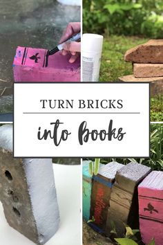 several different pictures with the words turn bricks into books on them and in front of it