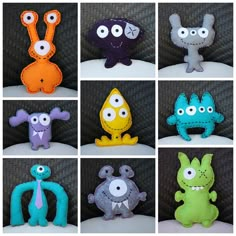 eight different stuffed animals with eyes and mouths