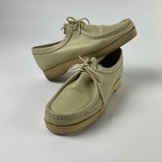 "Moc toe Vans dress shoes in a Beige leather, Clarks style. Great condition lightly worn perhaps even only worn once or twice. Some glue stains on leather please see images provided. Heal to toe sole measures 11\" for size reference." Retro Leather Shoes With Rubber Sole, Retro Leather Slip-on Shoes, Formal Moccasins With Vibram Sole And Round Toe, Vintage Leather Oxfords With Round Toe, Beige Leather Shoes With Stitched Sole And Plain Toe, Vintage Moc Toe Dress Shoes For Semi-formal Occasions, Vintage Leather Slip-on Shoes With Stitched Sole, Vintage Leather Shoes With Stitched Sole, Classic Lace-up Moccasins For Formal Wear