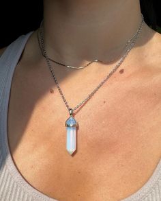 -Silver plated opalite pendant -Silver plated chain- tarnish resistant -Offered in multiple lengths Silver Opal Minimalist Necklace, Nickel-free White Moonstone Necklace, Spiritual Silver Opal Necklace, White Stainless Steel Necklace With Silver Chain, Silver Moonstone Crystal Pendant Necklace, White Stainless Steel Jewelry With Silver Chain, White Opal Spiritual Necklace, Opalite Crystal Necklace, Opalite Necklace