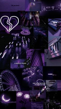 the collage shows many different types of neon lights and shapes in purple, black and white