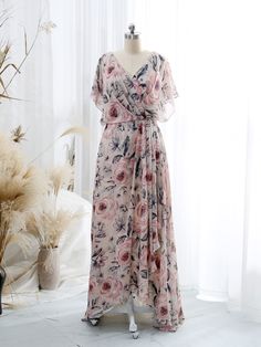 MissJophiel V Neck Draped High Low Flowy Short Sleeve Floral Wedding P Mother Of Bride Garden Wedding, Pink Floral Long Dress, Motb Dress, Floral Wedding Party, Garden Wedding Dress Guest, Romantic Bridesmaid Dresses, Enchanting Garden, Floral High Low Dress, Hello Pretty