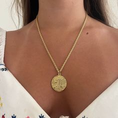 Mermaid Necklace – The Sage Vintage Gold-tone Medallion Necklace With Coin Pendant, Gold-tone Pendant Medallion Necklace, Gold-plated Gold-tone Medallion Pendant Necklace, Gold Plated Coin Pendant Necklace, Gold-tone Tarnish Resistant Gold Plated Medallion Necklace, Gold Chain Medallion Necklace, Gold Chain Medallion Necklace As Gift, Gold-plated Round Medallion Necklace With Gold Chain, Gold-plated Medallion Necklace With Round Pendant