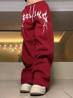 Men's Printed Drawstring Sweatpants Baggy Long Plain Dark Red Going Out Goth Burgundy    Fabric Plain Straight Leg Slight Stretch  Men Clothing, size features are:Bust: ,Length: ,Sleeve Length: Red Clothes Men, Clothing Fabric Patterns, Y2k Outfits Men, Street Style Outfits Casual, Red Clothes, Men Sweatpants, Edgy Streetwear, Teen Swag Outfits, Drawstring Sweatpants