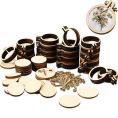 a bunch of wooden buttons and other items