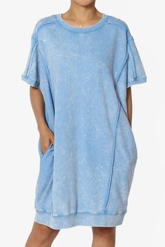 Olsen French Terry Acid Wash T-Shirt Dress SKY_1 Casual Cotton T-shirt Dress With Relaxed Fit, Casual Short Sleeve Dress With Frayed Hem, Casual Dresses With Frayed Hem And Short Sleeves, Casual Dresses With Short Sleeves And Frayed Hem, Washed Blue Short Sleeve Dress With Relaxed Fit, Comfortable Relaxed Fit Dress With Short Sleeves, Casual Loungewear Dress With Curved Hem, Casual Crew Neck Loungewear Dress, Relaxed Fit Crew Neck Dresses For Loungewear