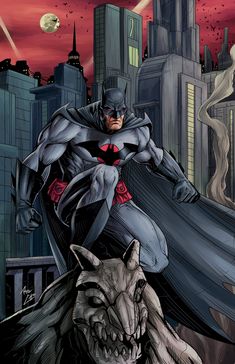 the batman and his wolf friend are in front of a cityscape