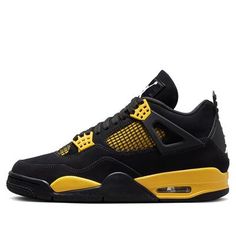 The Air Jordan 4 'Thunder' is a captivating blend of style and heritage. These iconic sneakers pay homage to basketball legend Michael Jordan. The colorway features a striking combination of black and tour yellow, creating a bold visual impact. Crafted with meticulous attention to detail, the Air Jordan 4 boasts a suede upper that exudes sophistication. The gum rubber outsole ensures optimal traction, whether you’re on or off the court. With its rich history and timeless design, the Air Jordan 4 Jordan Fours, Jordan 4 Retro Thunder, Jordan 4 Thunder, 4s Jordans, Cute Jordans, Iconic Sneakers, Custom Sneakers Diy, Jordan 4’s, Nike Air Jordan 4 Retro