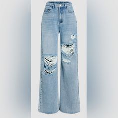 High Waisted Ripped Stretch Jeans. Wide Leg. Unfinished Hem. Very Comfortable. New. Never Worn. Gifts For Christmas For Teens, Stovepipe Jeans Outfit, Really Ripped Jeans, Wide Leg Jeans Ripped, Macys Outfits, Wide Leg Ripped Jeans, Ripped Wide Leg Jeans, Preppy Pants, Cute Ripped Jeans