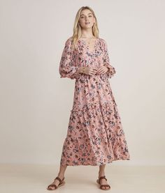 This head-turning maxi has everything: super-soft cotton modal fabric, romantic ruffle details and a gorgeous all-over print. Flowy Midi Maxi Dress With Floral Print, Spring Floral Print Billowy Dress, Flowy Ditsy Floral Print Maxi Dress, Chic Flowy Maxi Dress With Ditsy Floral Print, Spring Viscose Midi Dress, Feminine Cotton Maxi Dress, Pink Tiered Dress For Fall, Spring Viscose Printed Maxi Dress, Feminine Daywear Maxi Dress In Viscose