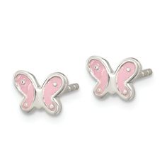 Rhodium over sterling silver polished pink enameled children's butterfly stud earrings. Measures approximately 3/16"L x 5/16"W and have friction post and push back closures. Kids Jewelry Box, Butterfly Stud Earrings, Silver Polish, Butterfly Theme, Butterfly Earrings Stud, Pink Enamel, Butterfly Earrings, Pink Butterfly, Fine Jewellery Earrings