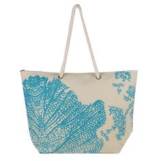 Beach Bag - QT-61845E-39 Leave Print, Straw Beach Tote, Pool Bag, Swim Pool, Pool Bags, Travel Tote Bag, Blue Leaves, Bag Light, Rope Handles